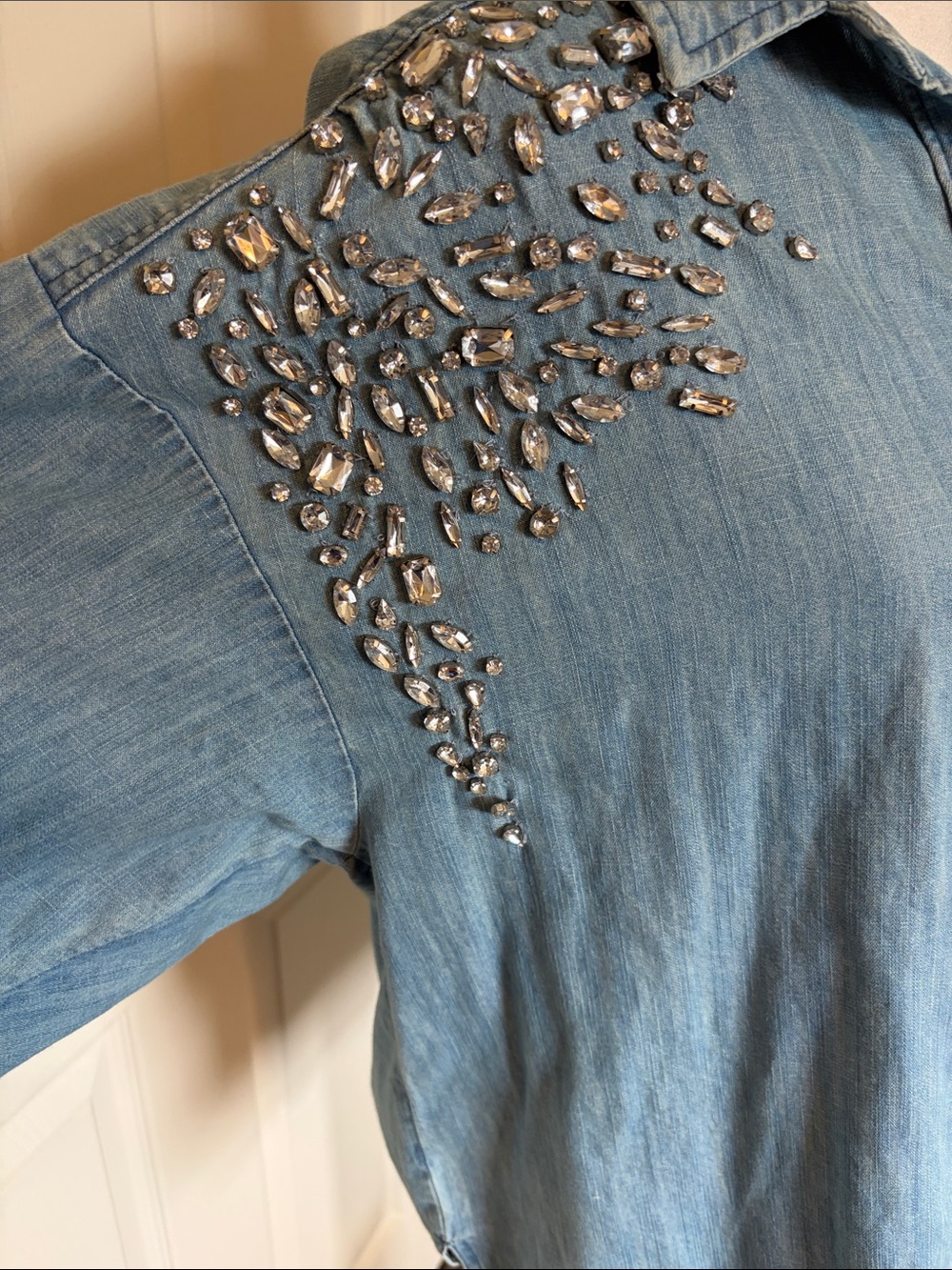 Anthropologie Pilcro Crystal-Embellished Denim button down Shirt oversized Blue - Picture 6 of 7